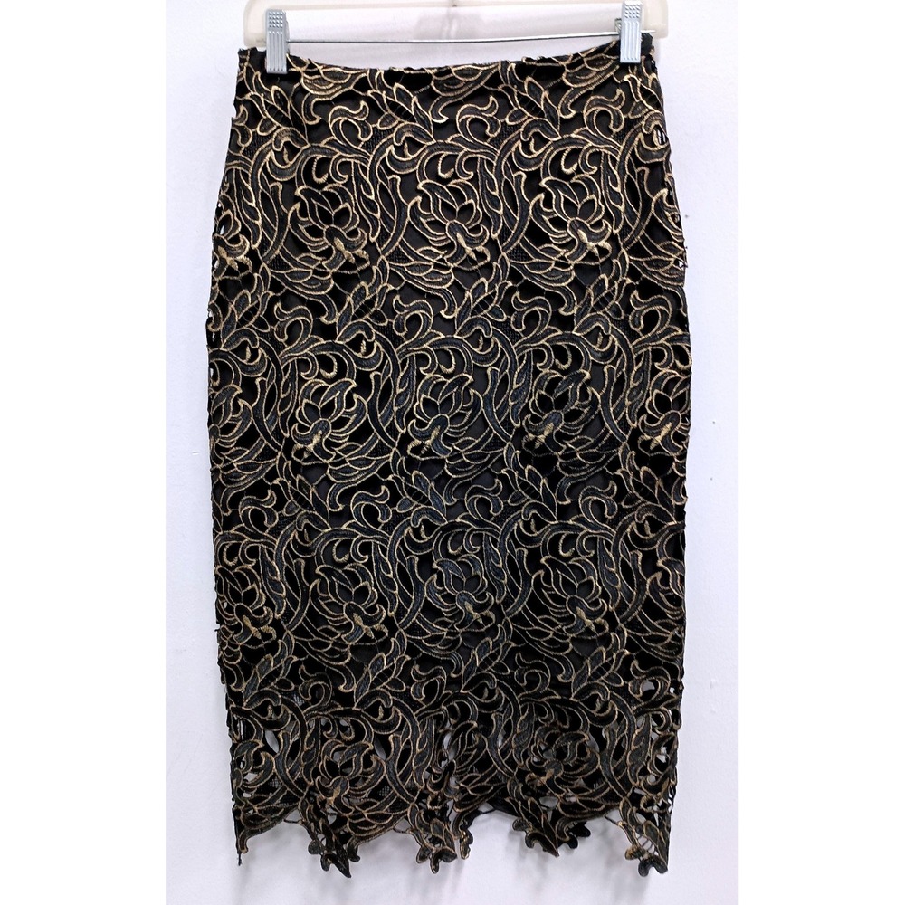 Boston Proper Pencil Skirt Womens 2 Black Gold Lace Scalloped Hem Floral Formal